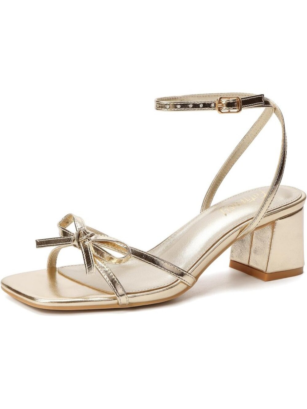 Women's Matte Gold Square Open Toe Bow Strappy Block Chunky Low Heels Sandals